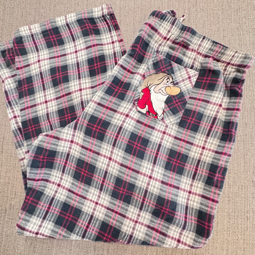 Disney Store Mens XXL Grumpy Plaid Flannel Pajama Pants Navy Red Snow White